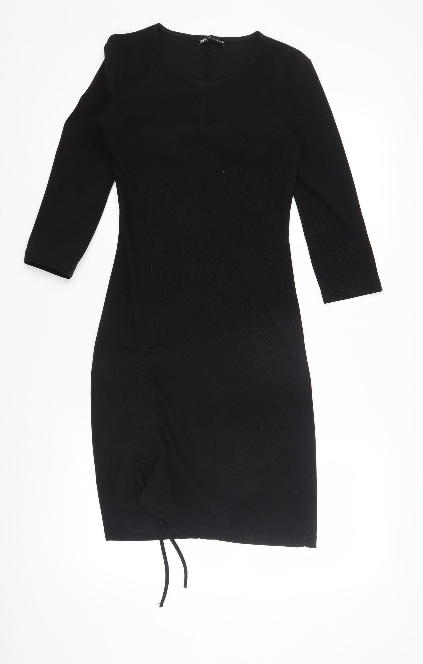 Zara Women's Black Dress M 3/4 Sleeve Ruched Stylish