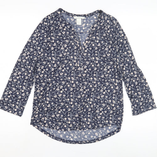 H&M Women's XS Blue Floral Blouse, 3/4 Sleeve Cotton