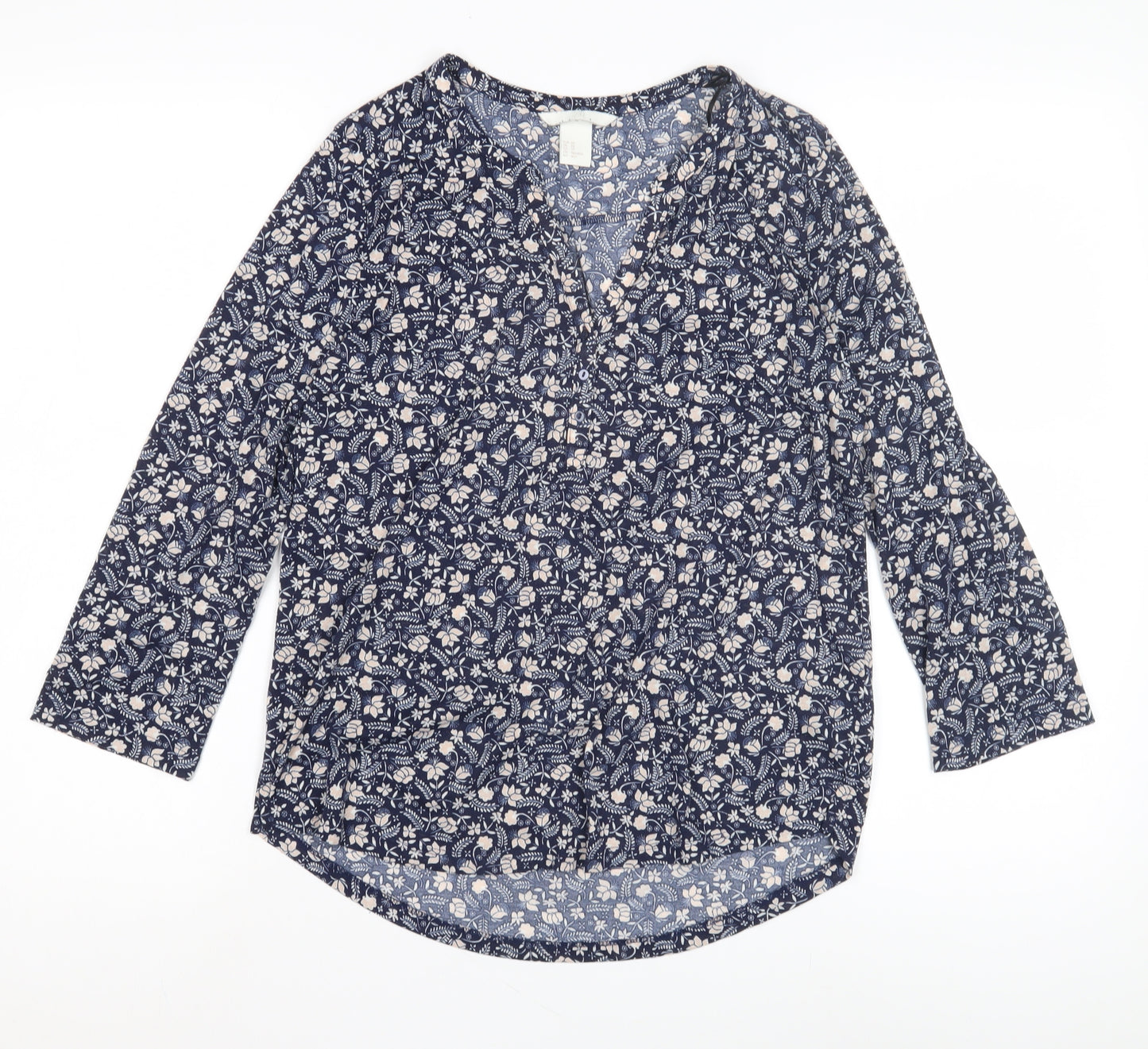 H&M Women's XS Blue Floral Blouse, 3/4 Sleeve Cotton