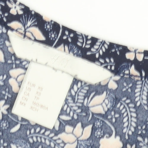 H&M Women's XS Blue Floral Blouse, 3/4 Sleeve Cotton