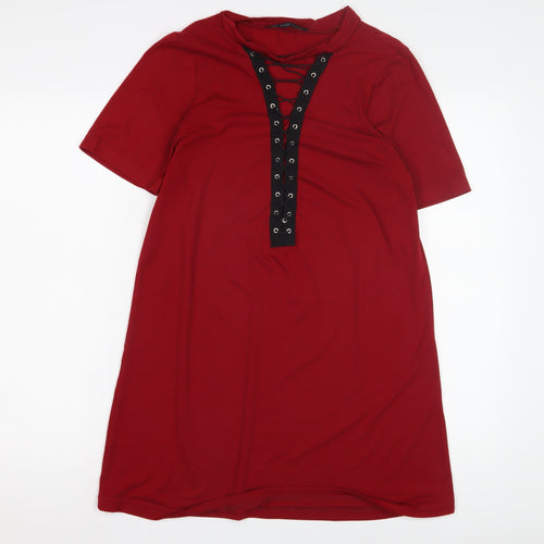 Zanzea Women's Red T-Shirt Dress, M, Lace Up V-Neck, Short Sleeve