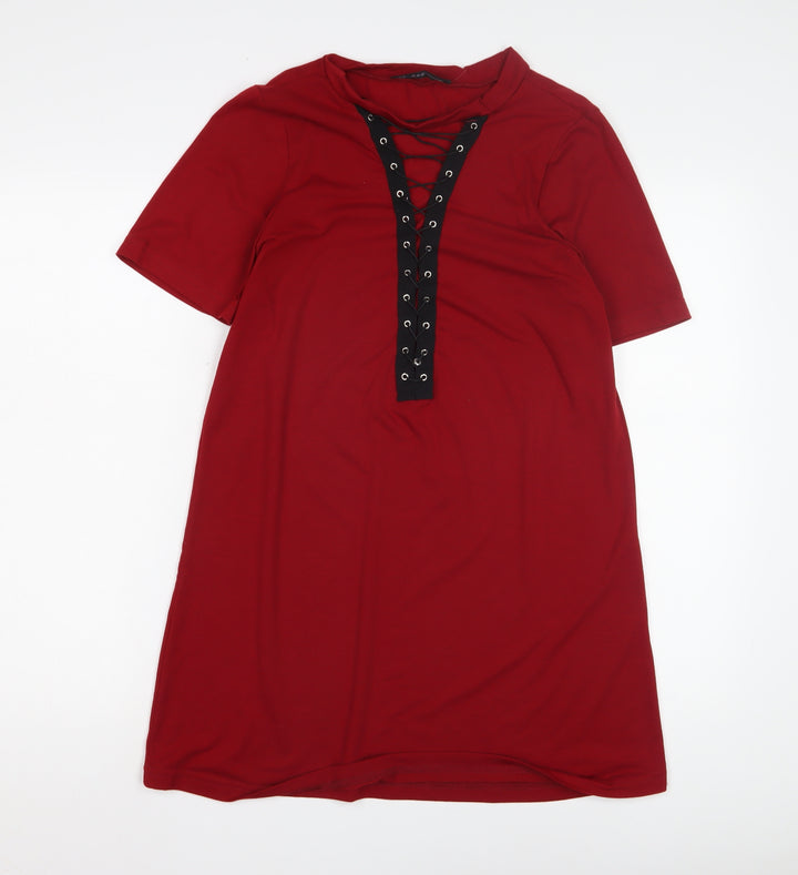 Zanzea Women's Red T-Shirt Dress, M, Lace Up V-Neck, Short Sleeve