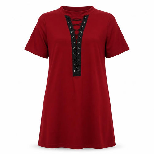 Zanzea Women's Red T-Shirt Dress, M, Lace Up V-Neck, Short Sleeve