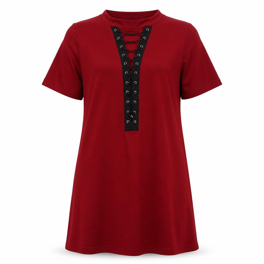 Zanzea Women's Red T-Shirt Dress, M, Lace Up V-Neck, Short Sleeve