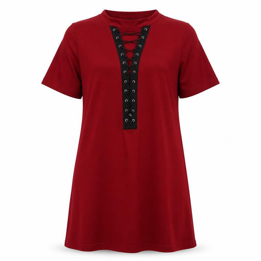 Front view of Zanzea Women's Red T-Shirt Dress, M, Lace Up V-Neck, Short Sleeve