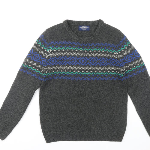 Pull & Bear Men's Grey Fair Isle Pullover Jumper Size M