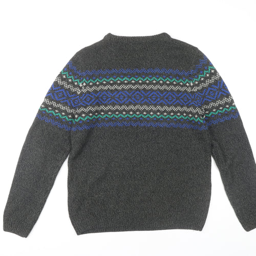 Pull & Bear Men's Grey Fair Isle Pullover Jumper Size M