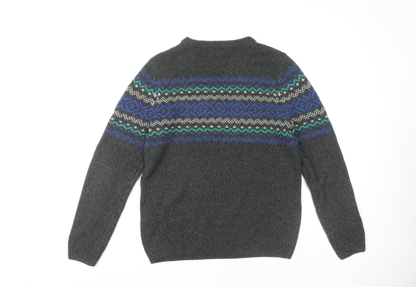 Pull & Bear Men's Grey Fair Isle Pullover Jumper Size M