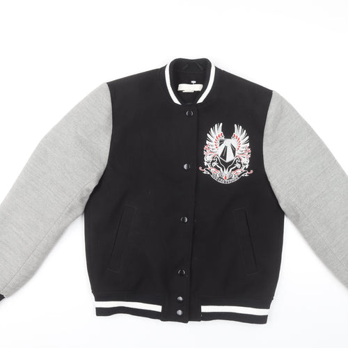 H&M Women's Black Varsity Jacket, Size 4, Embroidered Casual