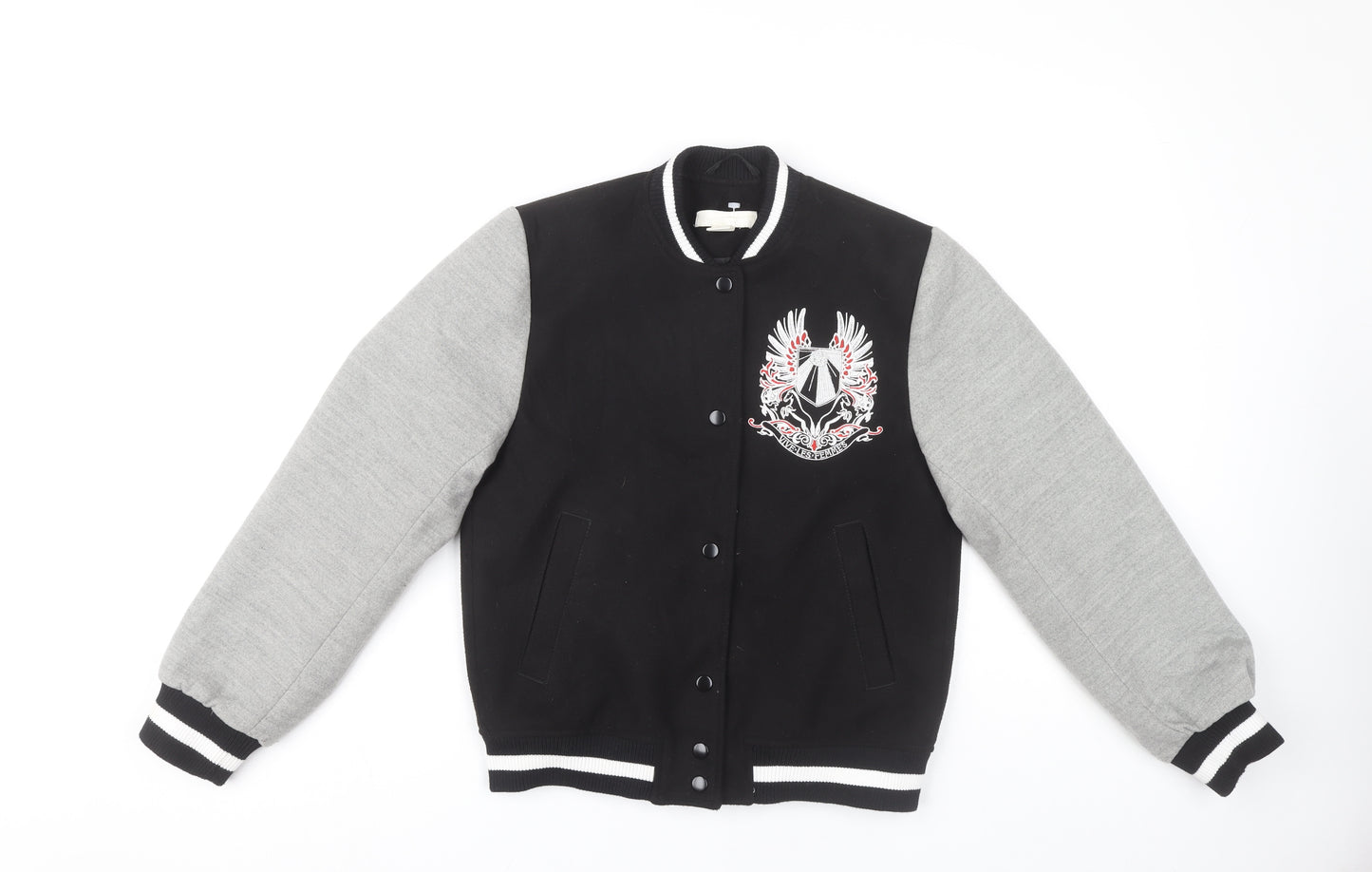 H&M Women's Black Varsity Jacket, Size 4, Embroidered Casual