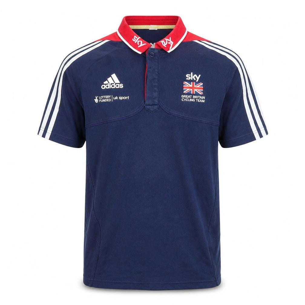 Front view of Adidas Men's Blue Cycling Polo Shirt, Medium
