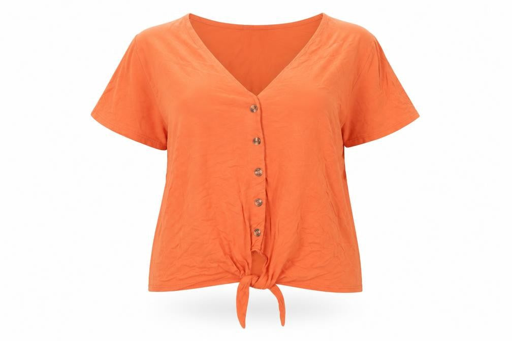 Front view of New Look Women's Orange Button-Up Short Sleeve Top