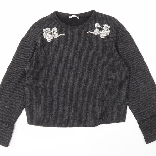 Zara Women's Grey Knit Pullover Jumper M Beaded Detail