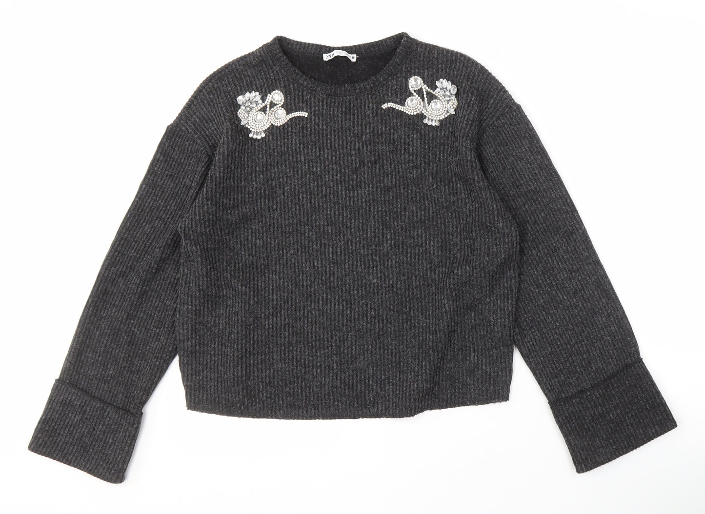 Zara Women's Grey Knit Pullover Jumper M Beaded Detail