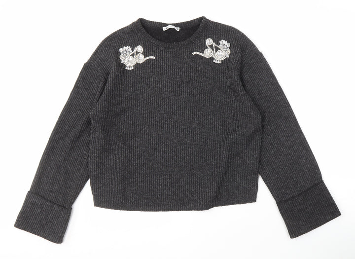 Zara Women's Grey Knit Pullover Jumper M Beaded Detail