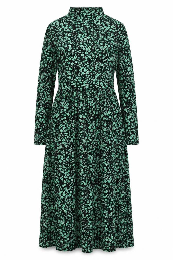 Front view of Pieces Women's Black Green Floral Dress M