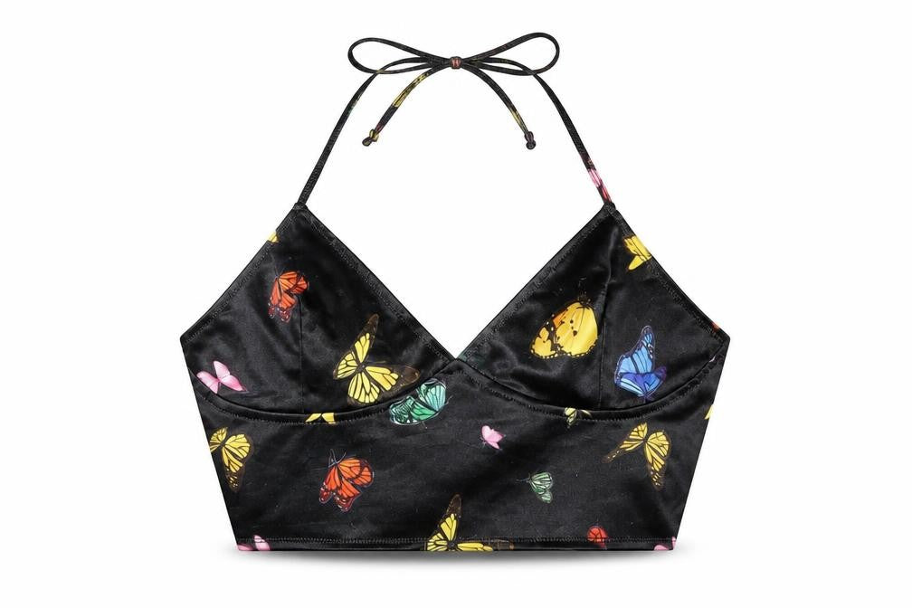 Front view of Motel Rocks Women's Black Butterfly Camisole L Halter Top