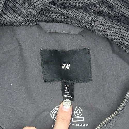 H&M Men's Black Windbreaker Jacket L - Hooded Zip Casual