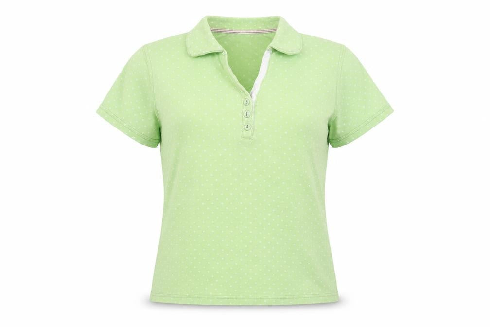 Front view of EWM Pure Classics Women's Green Polka Dot Polo, size 10-12