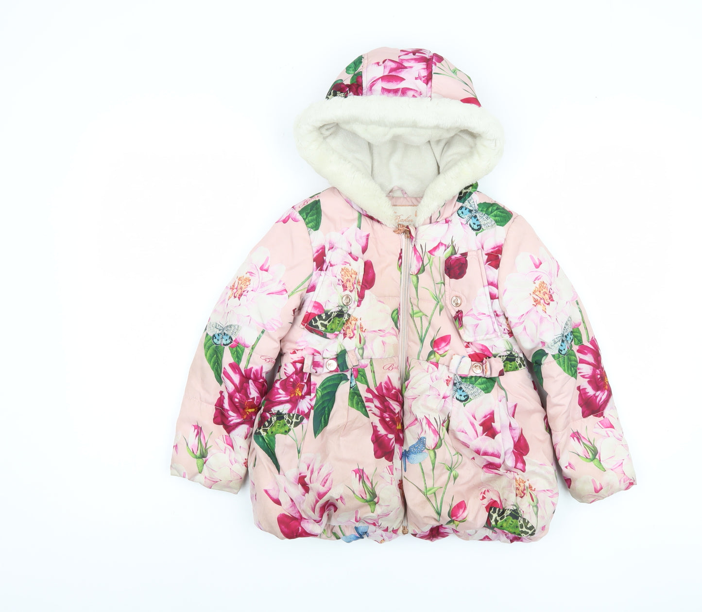 Baker Girls Pink Floral Puffer Jacket 5-6 Years Hooded