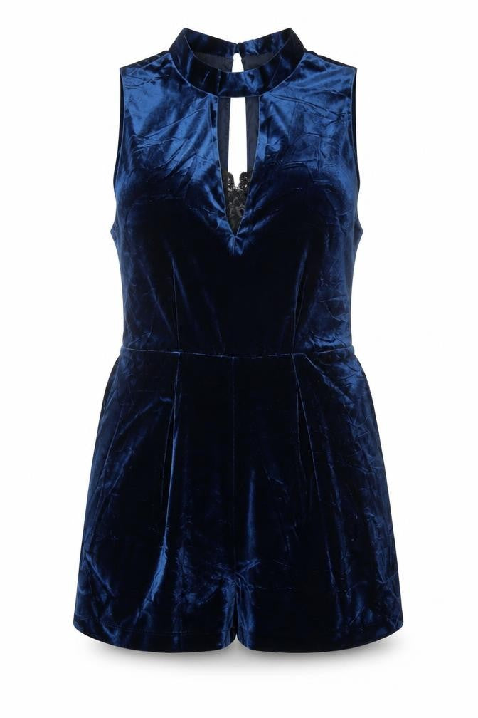 Front view of Topshop Women's Blue Velvet Playsuit, size 12