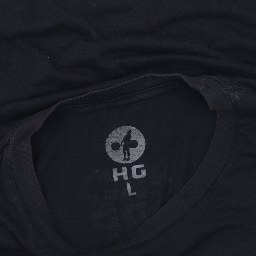 HG Men's Black Sports Graphic T-Shirt, Size L, Cotton Crew Neck