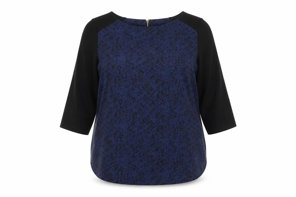 Front view of Marks & Spencer Blue Geometric Blouse, size 18, Zip Accent