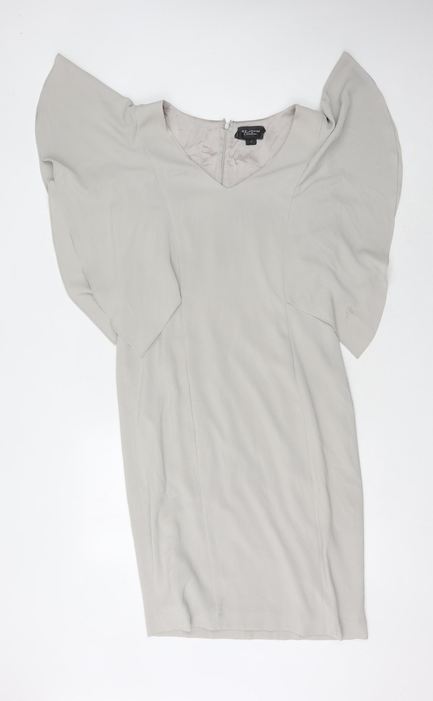 St. John Women's Grey Dress, Size 10, V-Neck, Elegant