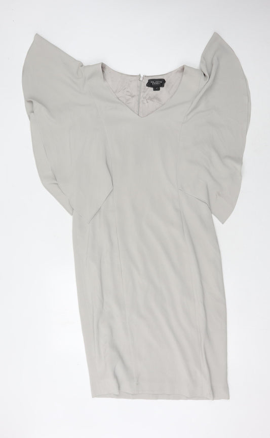 St. John Women's Grey Dress, Size 10, V-Neck, Elegant