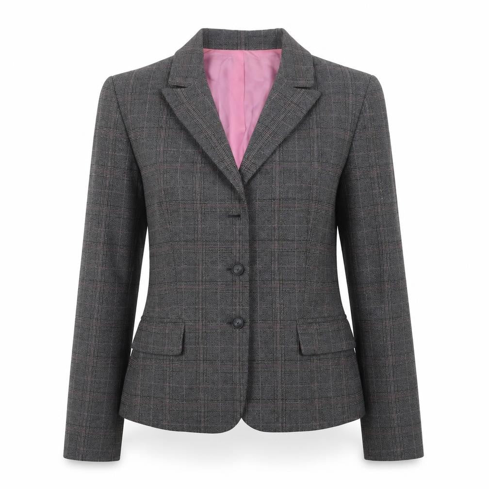 Front view of Tahari Women's Grey Plaid Blazer, size 8, Business