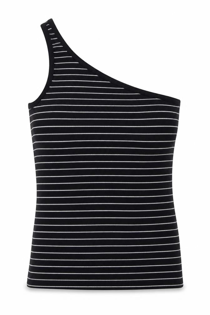 Front view of Marks & Spencer Women's Black Striped One Shoulder Tank