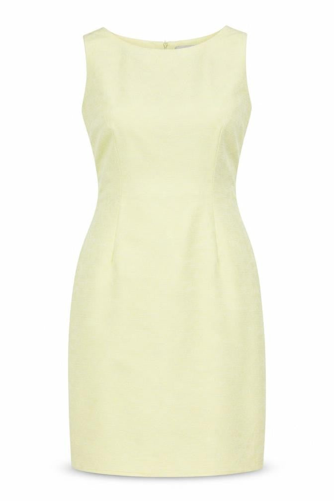 Front view of Vera Mont Women's Yellow Sheath Dress, size 12, Formal