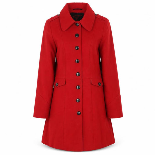 Front view of M&Co Women's Red Long Coat, size 10, Buttoned