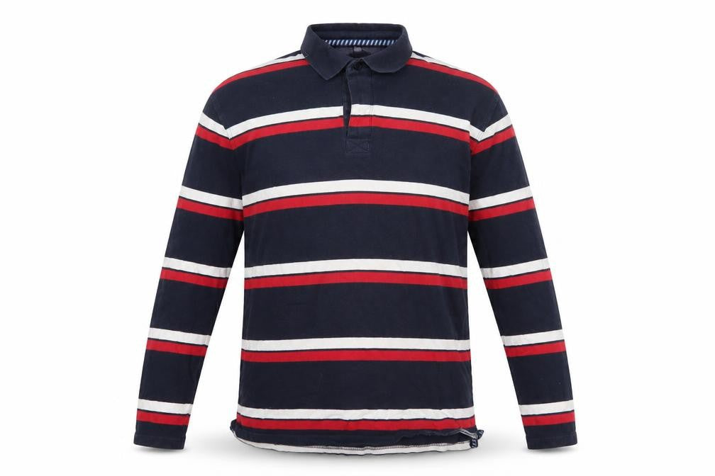 Front view of Boston Crew Men's XL Blue Striped Long Sleeve Polo