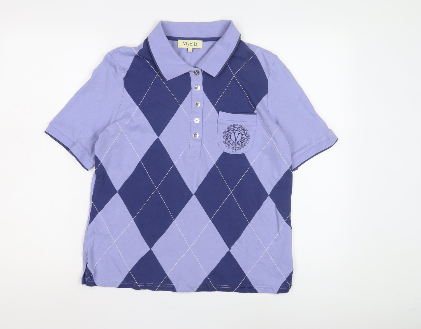 Viyella Women's Blue Polo Shirt L Argyle Pattern