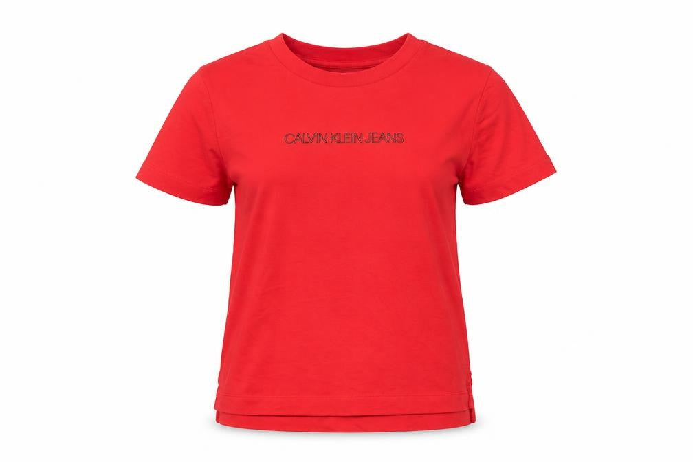 Front view of Calvin Klein Red Women's T-Shirt -, size S, Embroidered