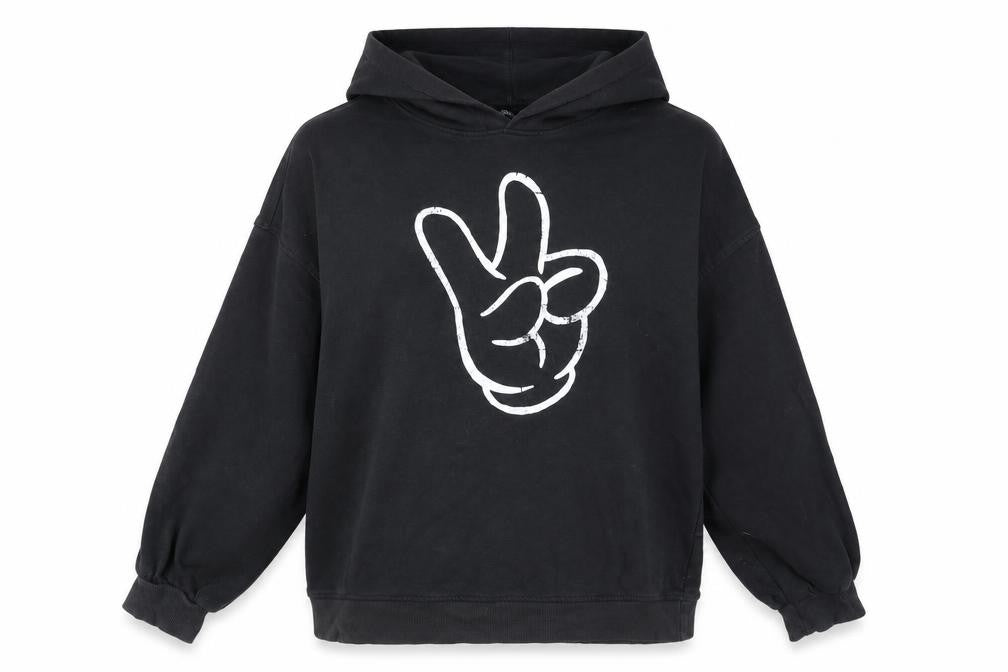 Front view of H&M unisex black pullover hoodie, m, casual style