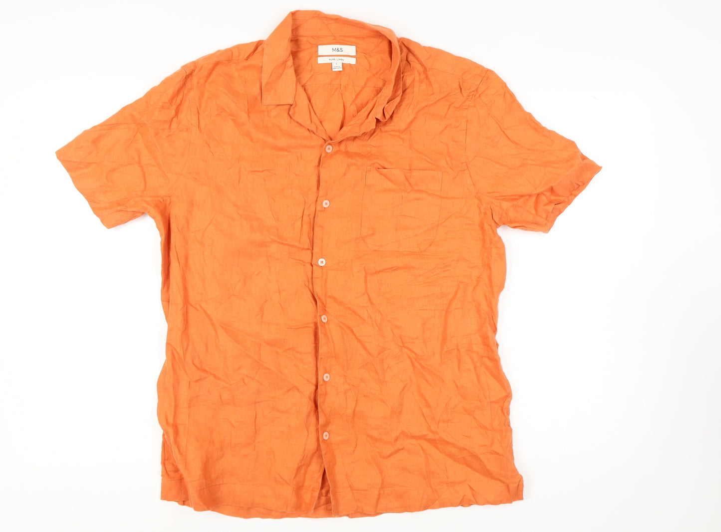 Marks & Spencer Men's Orange Linen Shirt, Size L, Short Sleeve