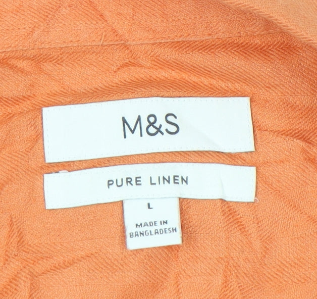 Marks & Spencer Men's Orange Linen Shirt, Size L, Short Sleeve