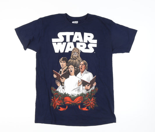 Front view of Star Wars Men's Blue Large Christmas Graphic T-Shirt
