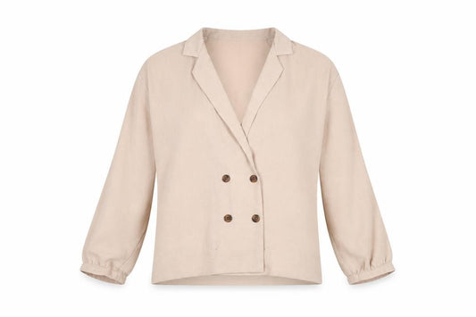 Front view of Topshop Women's Beige Collared Long Sleeve Shirt, size 8