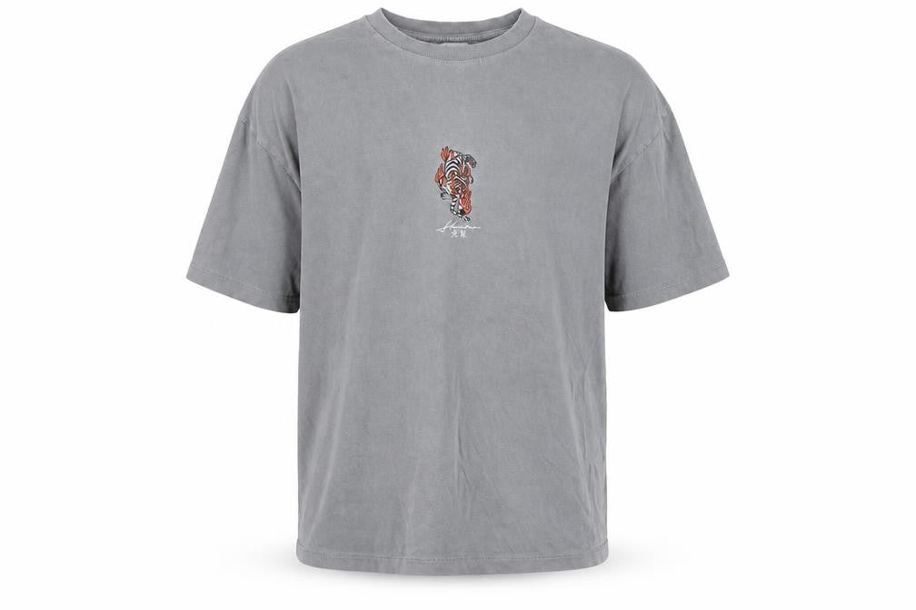 Front view of ABSENT Grey Cotton Tiger Graphic T-Shirt M Men's