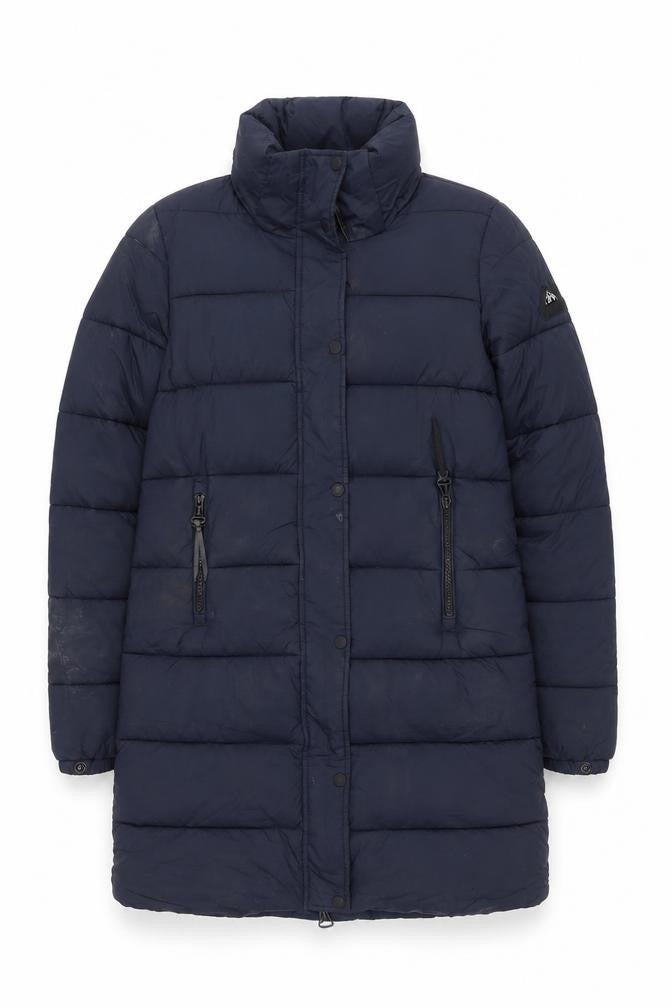 Front view of Superdry Women's Navy Puffer Jacket Hooded, size 6, Casual