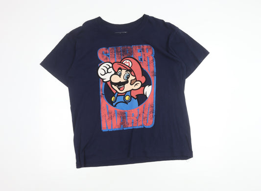 Front view of Super Mario Men's Blue Graphic T-Shirt, size L