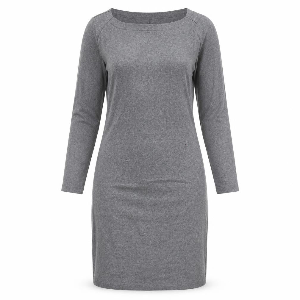 Front view of Gap Women's Grey Midi Sheath Dress, size M, Long Sleeve