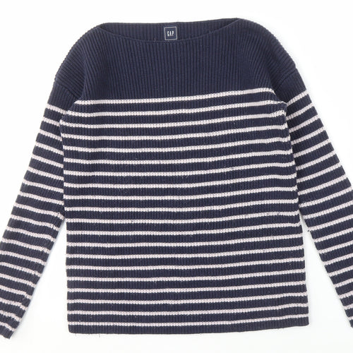 GAP Women's Blue Striped Boat Neck Pullover Jumper S