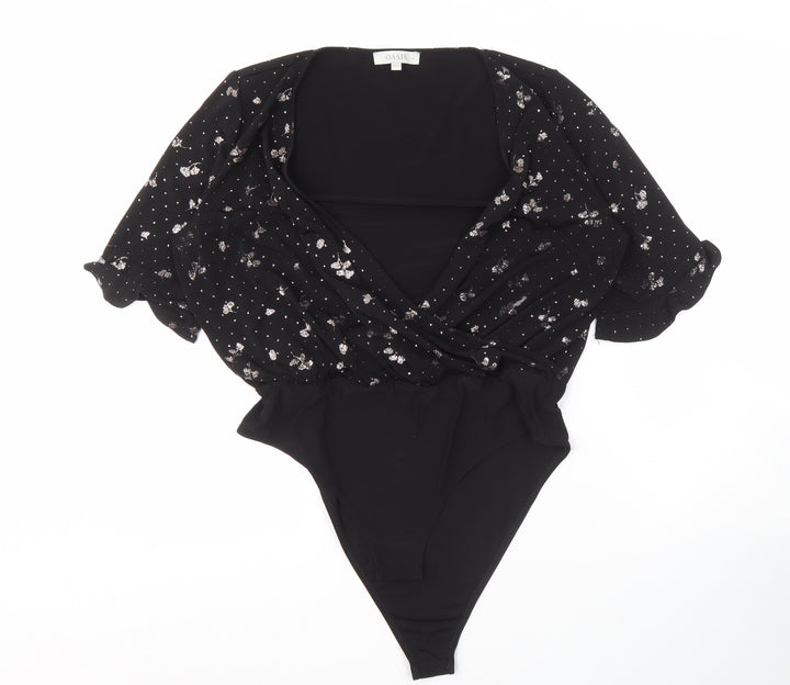 Oasis Women’s Black Wrap Floral Blouse, Size L, V-Neck