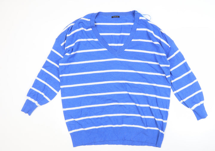 Roman Women's Blue Striped V-Neck Pullover Jumper - Size 20