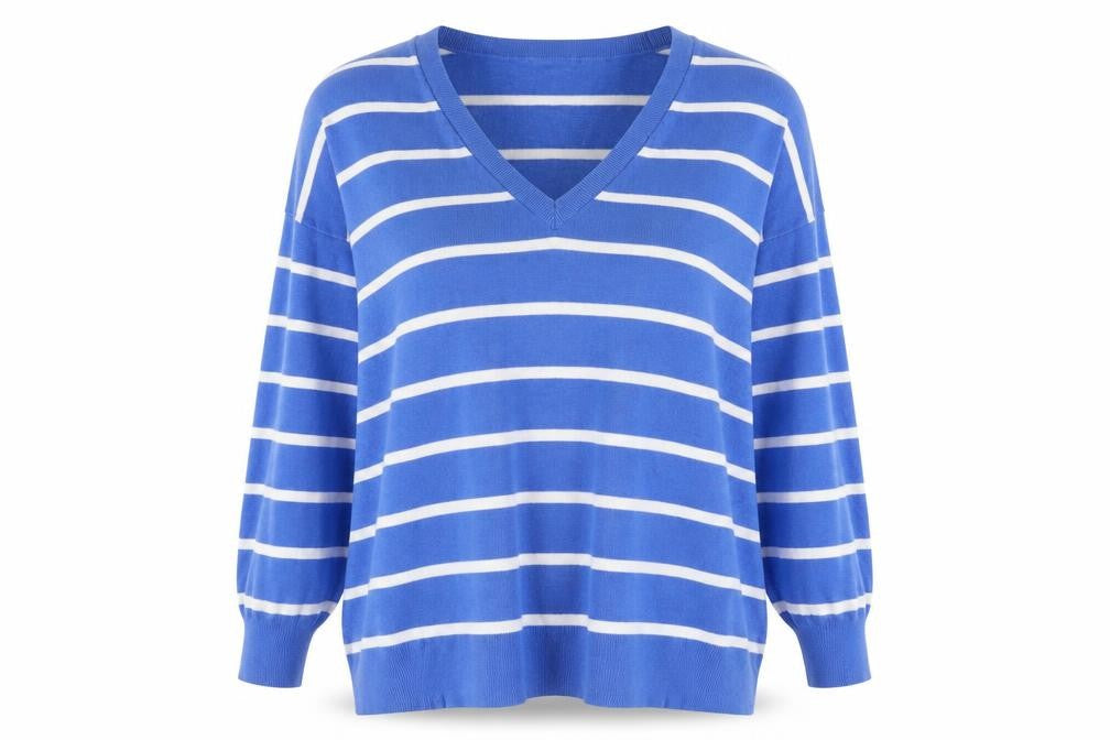 Front view of Roman Women's Blue Striped V-Neck jumper -, size 20