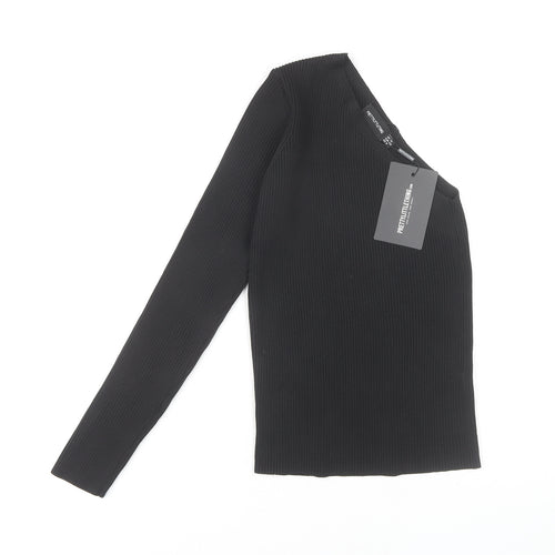 PrettyLittleThing Black Asymmetrical Sleeve Women's Top - Size 12